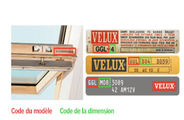 Ouvrez votre fenêtre de toit et cherchez la plaquette d'identification. Le code à trois lettres désigne le type de fenêtre et les chiffres qui suivent constituent le code de dimensions.